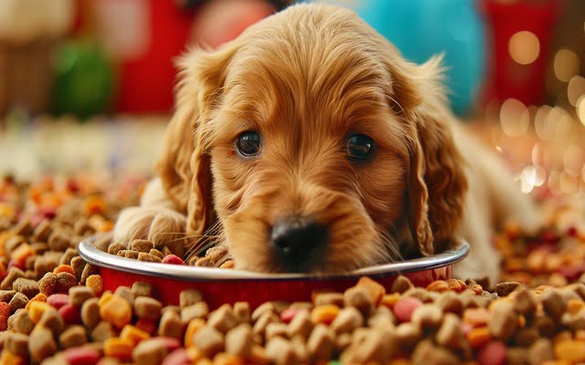a puppy bowl overflowing with food