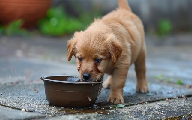 A puppy eating from a bowl