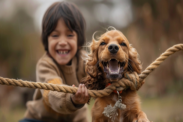 A Cocker Spaniel gently playing tug-of-war with a smiling child