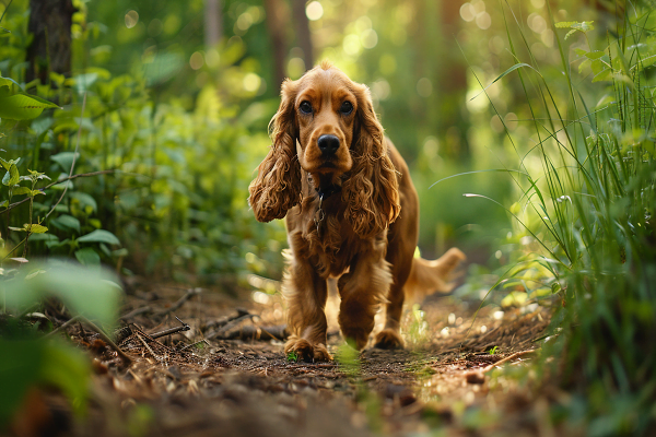 A Cocker Spaniel sniffing with determination on a nature trail