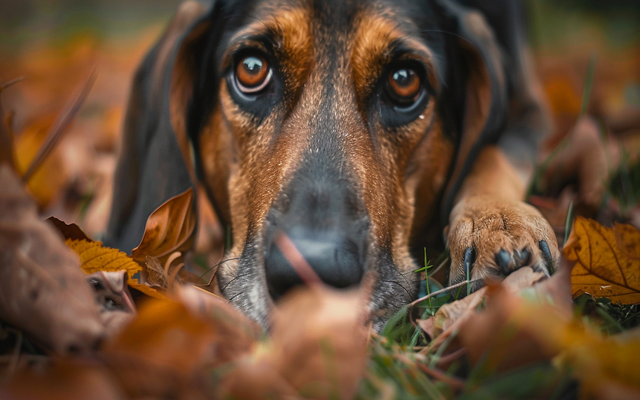 A Coonhound with its nose to the ground, looking intently focused
