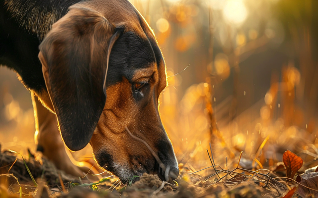A Coonhound with its nose pressed to the ground, sniffing intently