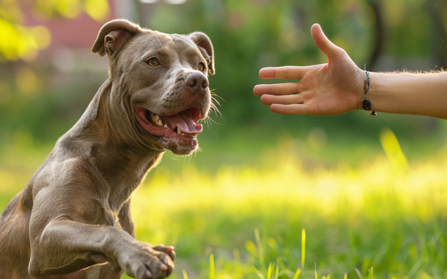 A Pitbull being trained with positive reinforcement
