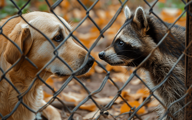 A dog and a raccoon sniffing each other through a fence with curiosity