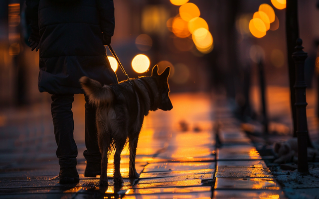 A photo of a dog securely on a leash during an evening walk
