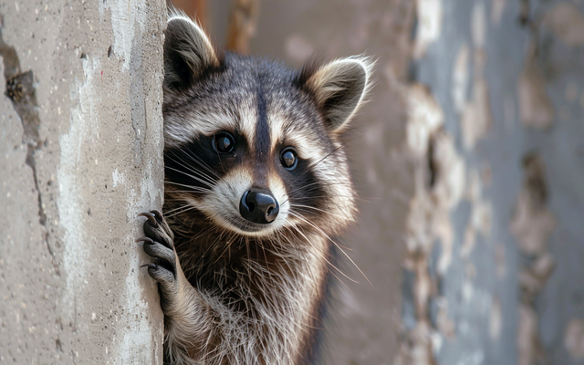 A raccoon curiously peering around a corner