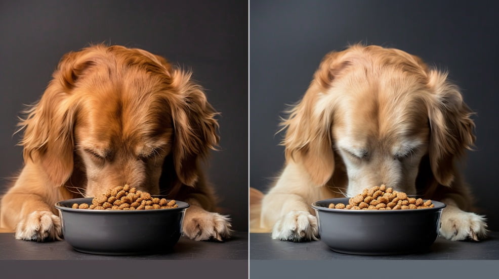 A side-by-side photo of a dog enthusiastically eating from a fresh food bowl vs looking less enthusiastic at a bowl of kibble