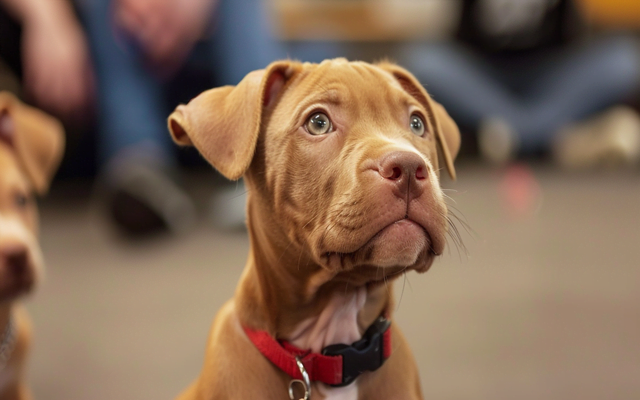 A Red Nose Pitbull puppy attending a puppy training class, learning commands with other pups.