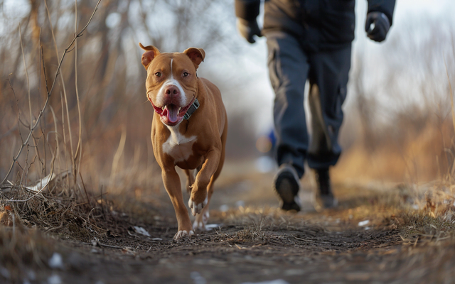 A Red Nose Pitbull enjoying a healthy walk or run with its owner
