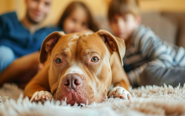 A Red Nose Pitbull relaxing contentedly with its family