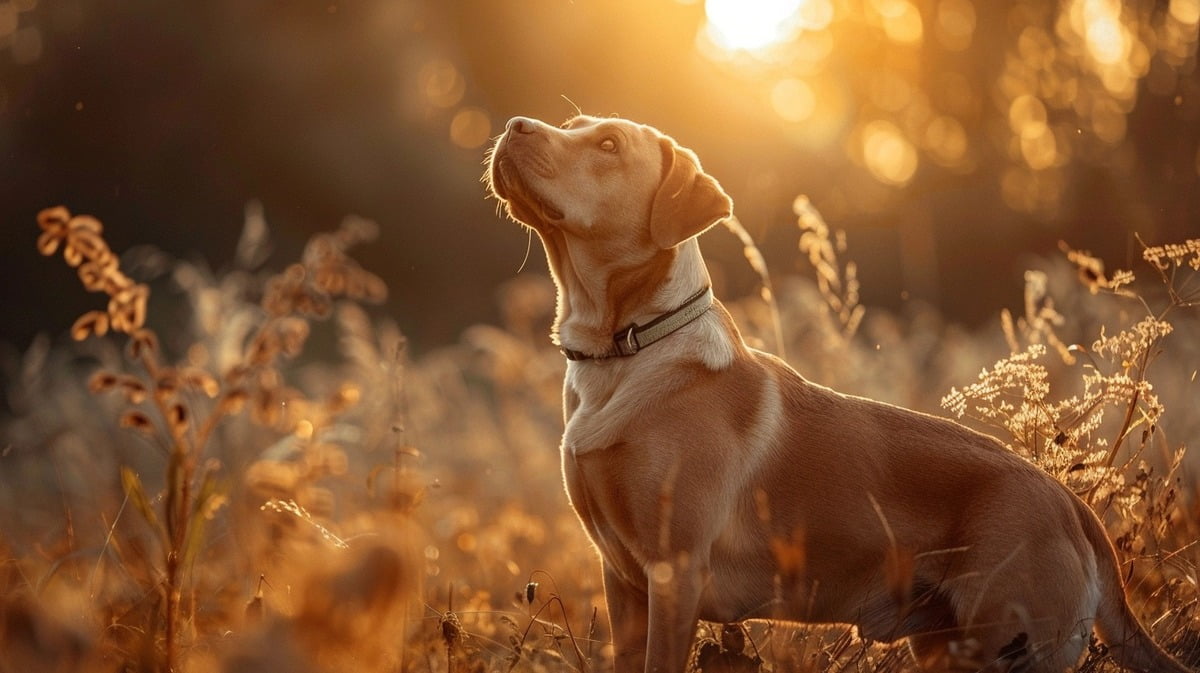 Illustration: A big dog stands proudly looking up at the sun