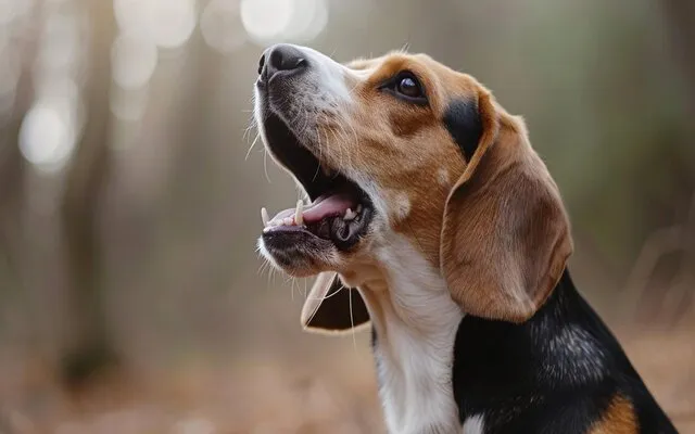A Beagle on the scent of a squirrel, barking with gusto