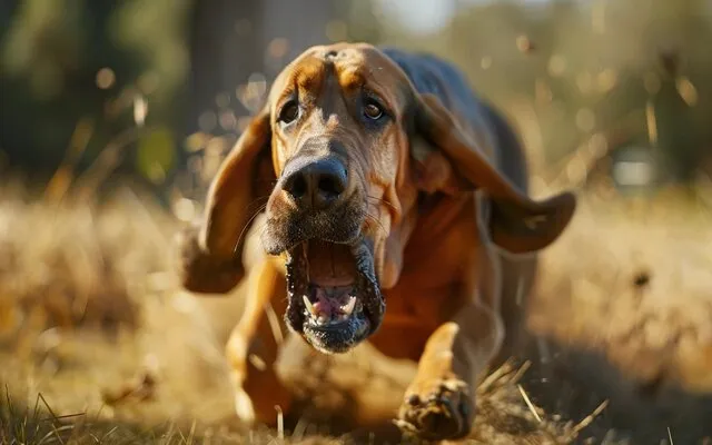 A Bloodhound with its nose to the ground, baying excitedly