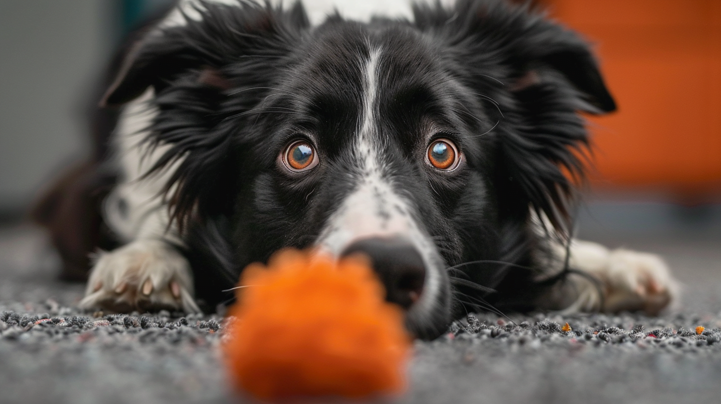 A Border Collie intensely focused on a toy