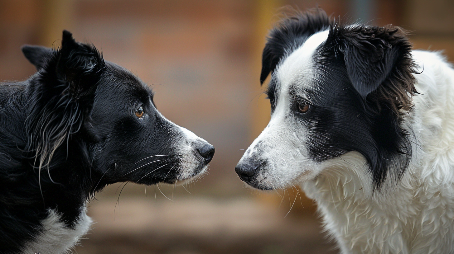 A Border Collie intensely focused on another dog, ears perked