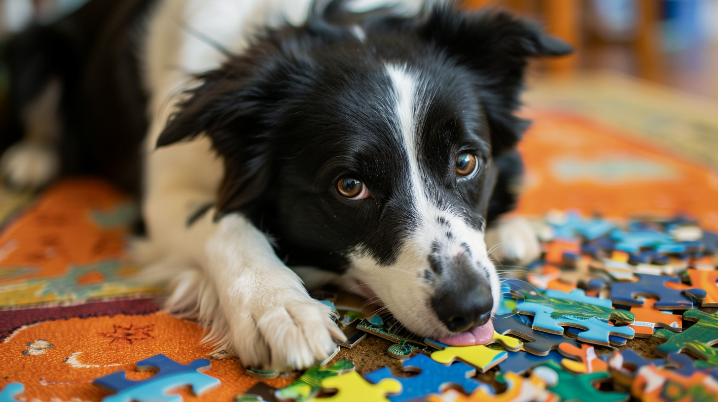 A Border Collie intensely working on a puzzle feeder