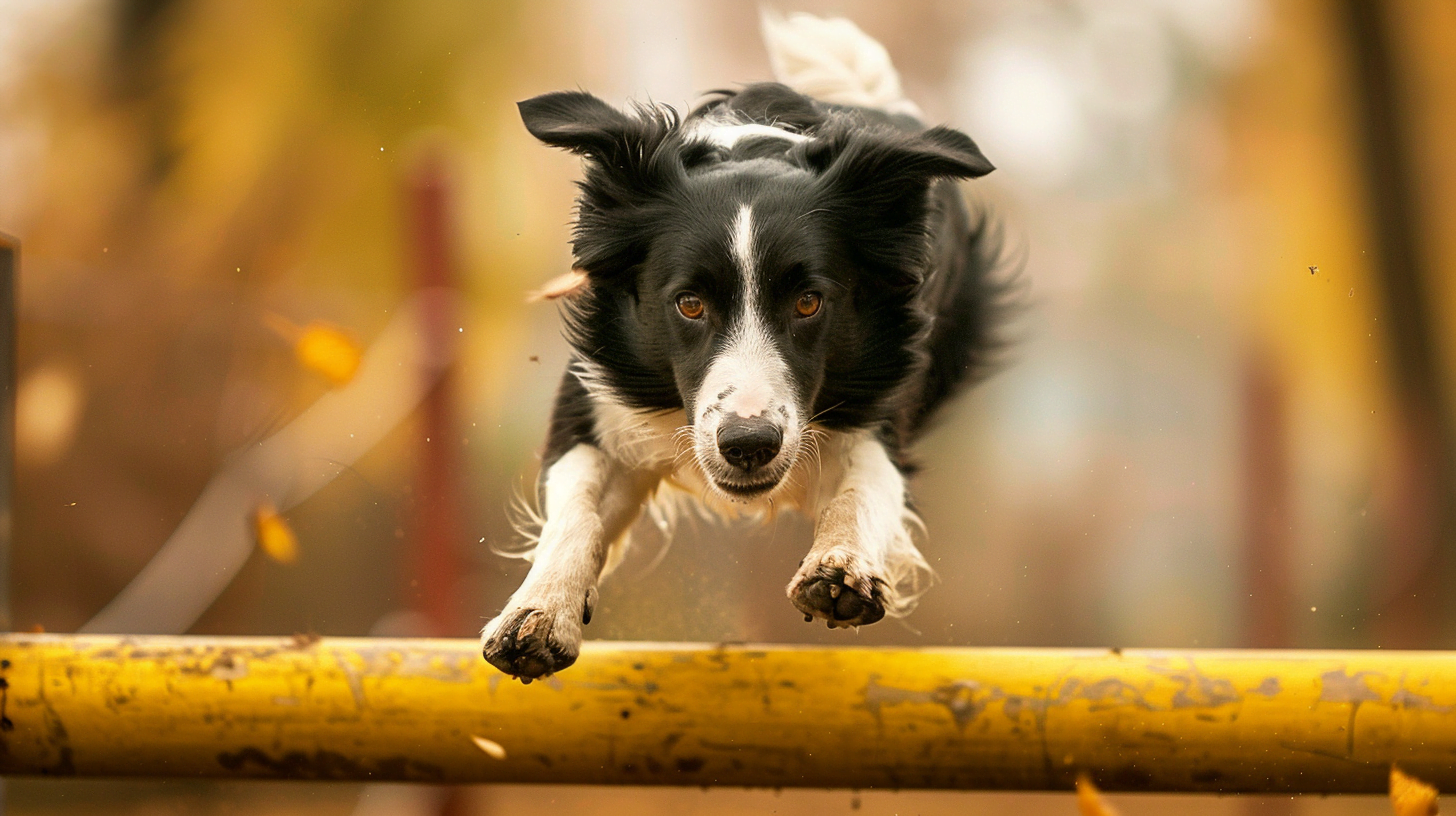 A Border Collie leaping over an agility obstacle