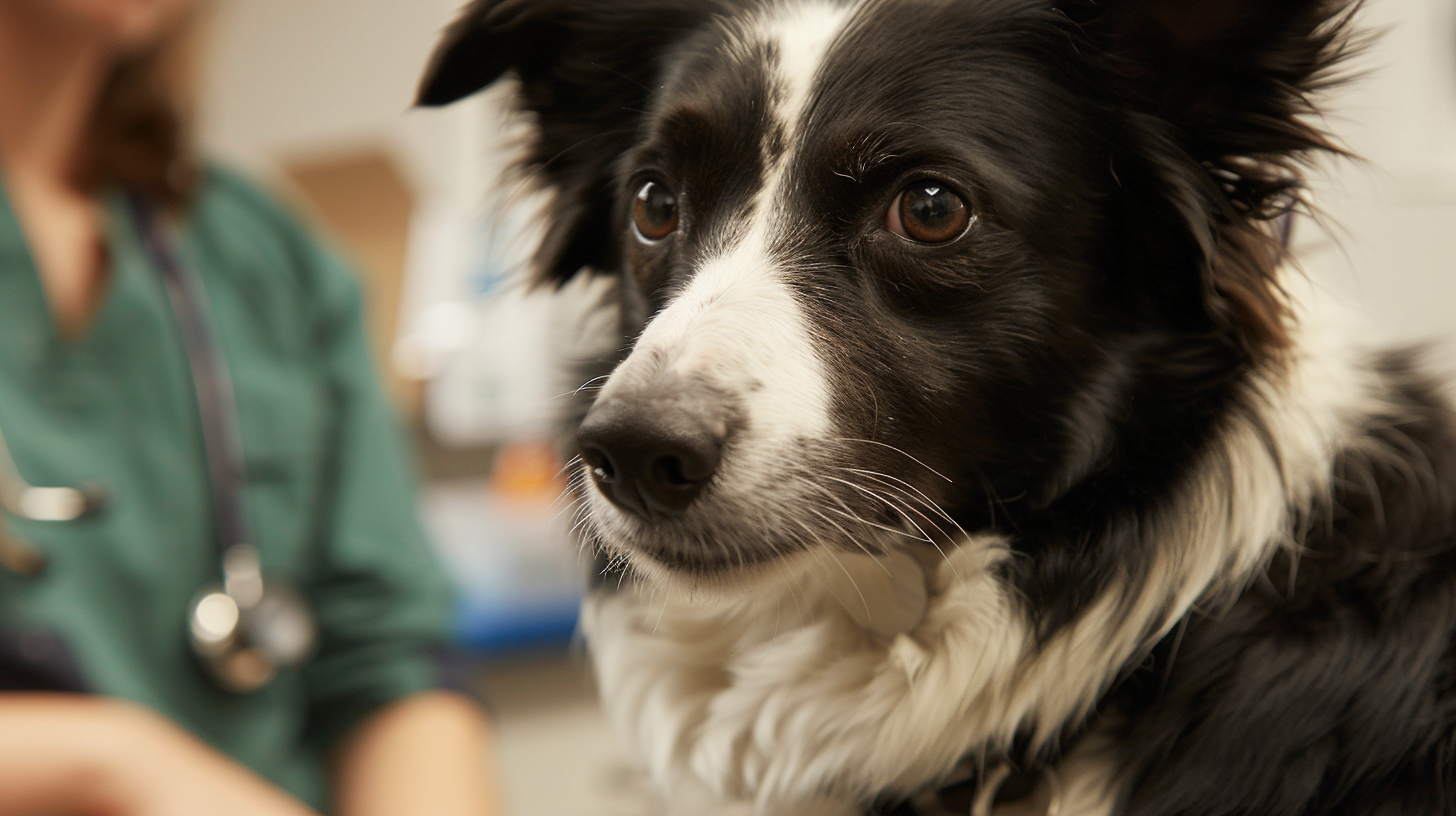 A Border Collie sitting patiently during a checkup at the veterinarian's office
