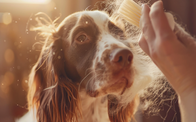 A Brittany Spaniel being groomed, showing its coat.