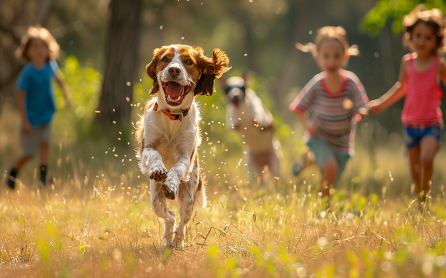 A Brittany Spaniel playing with kids.