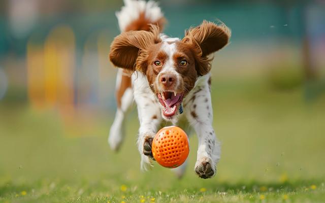 A Brittany Spaniel triumphantly retrieves a ball in flyball.
