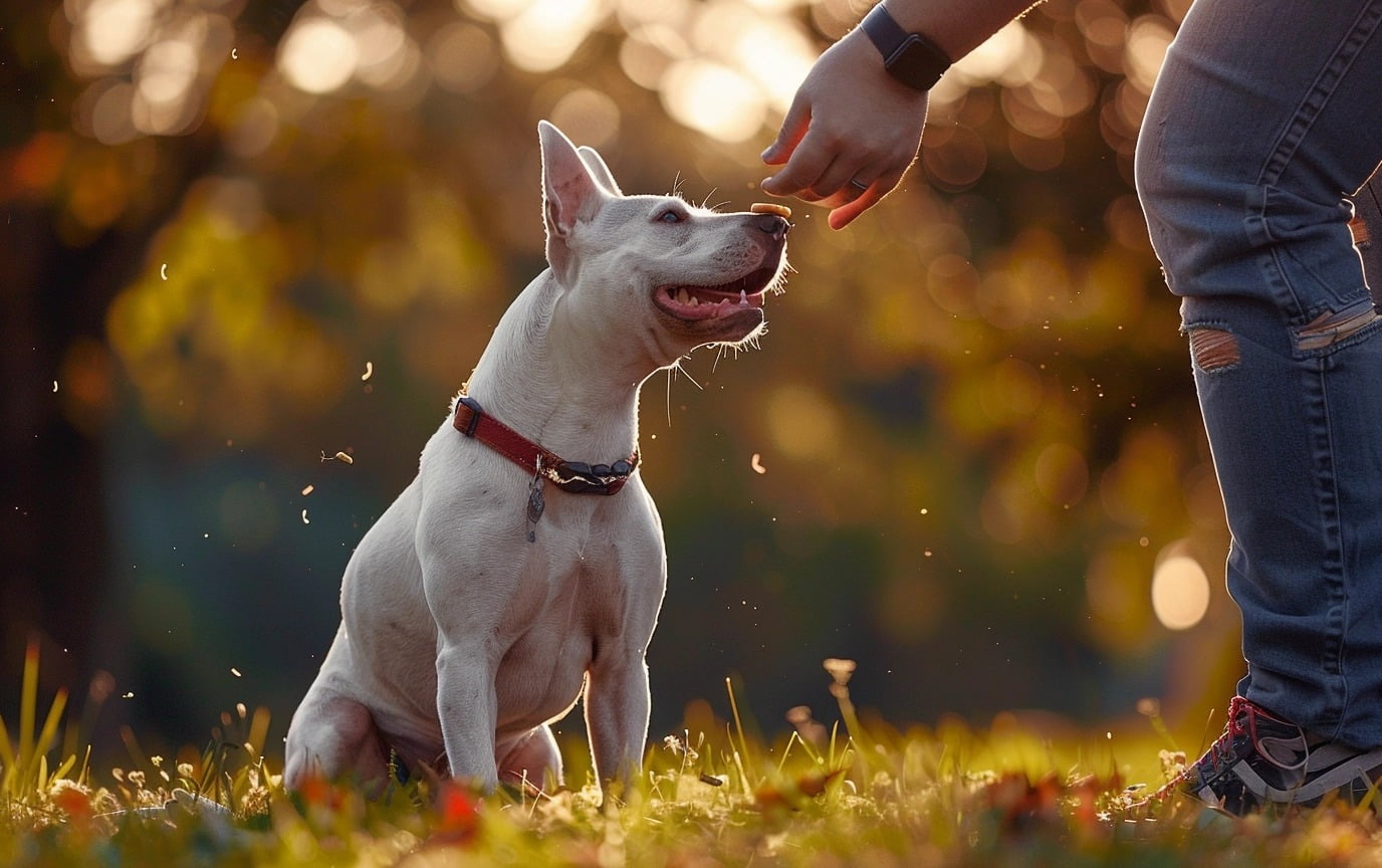 illustration: A Bull Terrier owner giving their dog a treat and praising them for performing a command