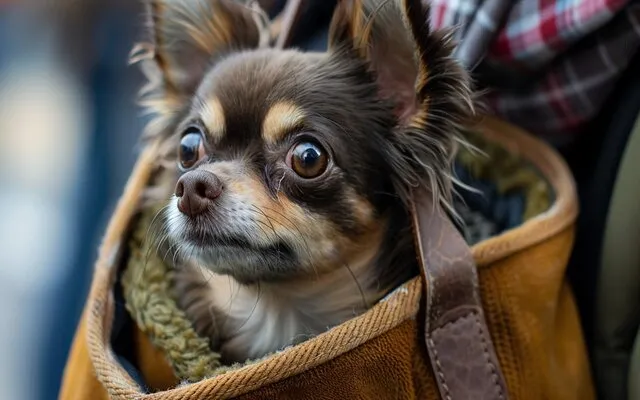A Chihuahua peering out from its owner's tote bag