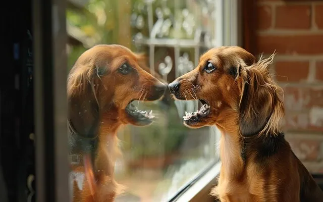 A Dachshund barking at its own reflection in the mirror