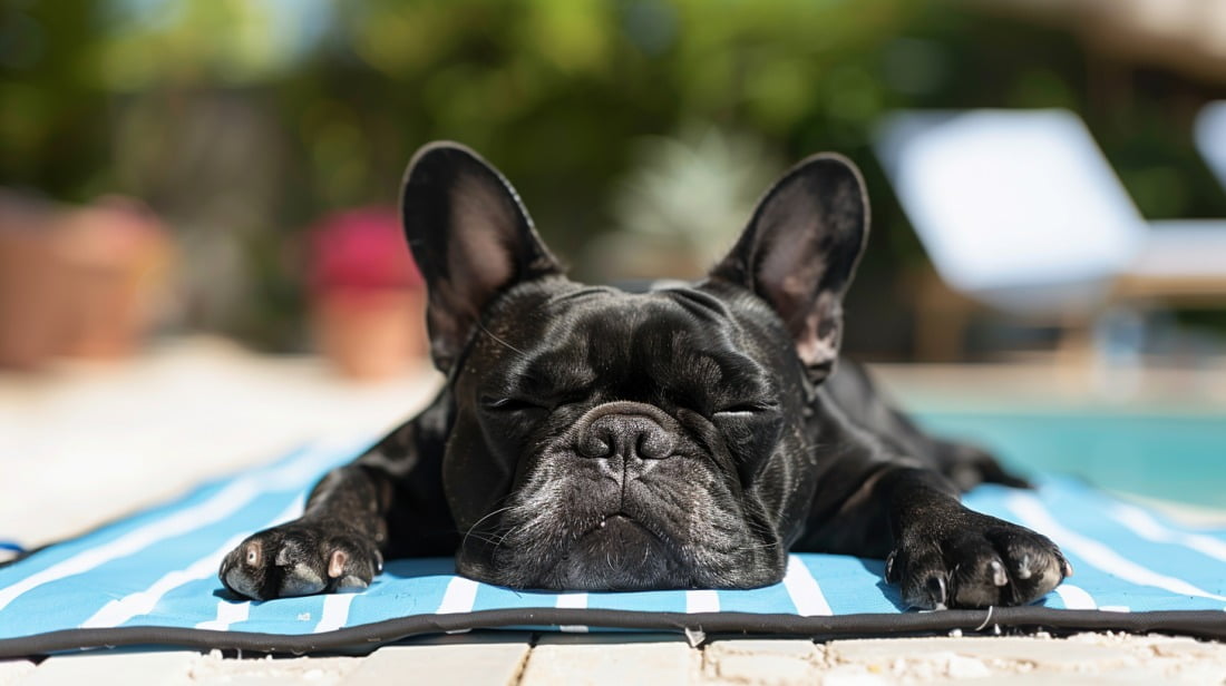 A French Bulldog playfully sprawled out on a cooling mat