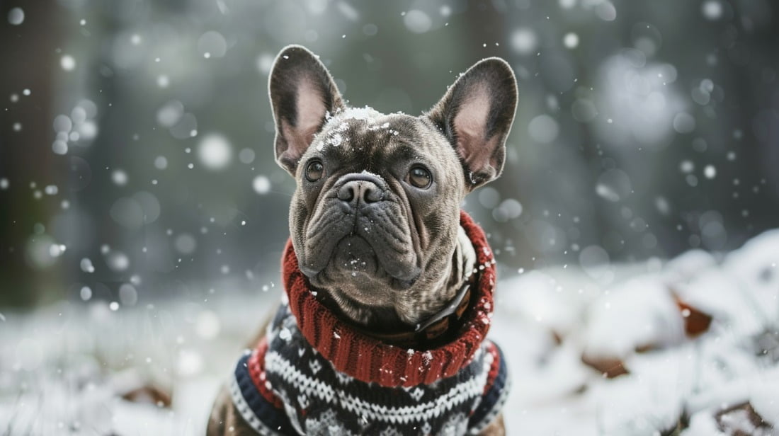 A French Bulldog wearing a sweater in the snow