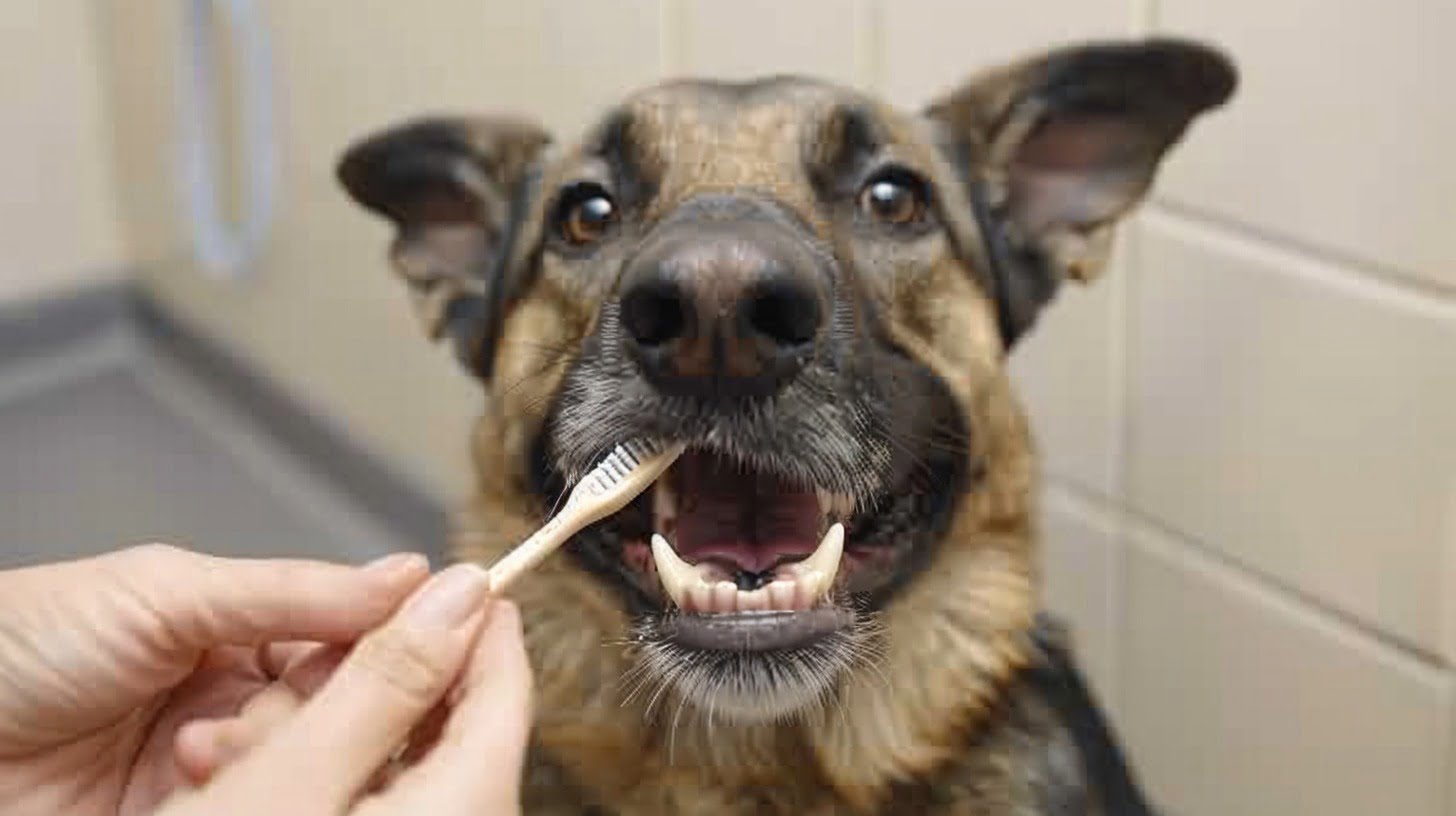 A German Shepherd Bloodhound mix looking excited while getting its teeth brushed