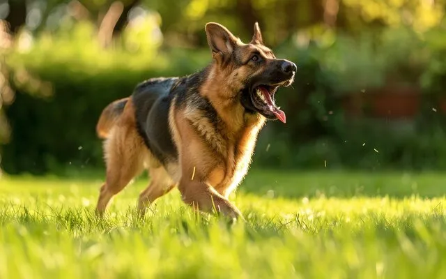 A German Shepherd barking while playing a game of fetch