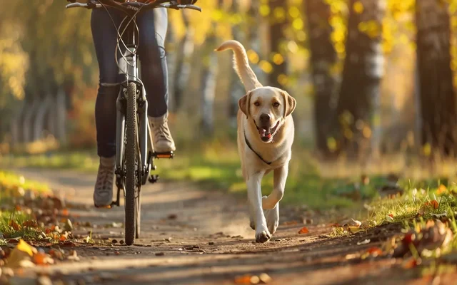 A Labrador Retriever runs next to a person riding a bicycle