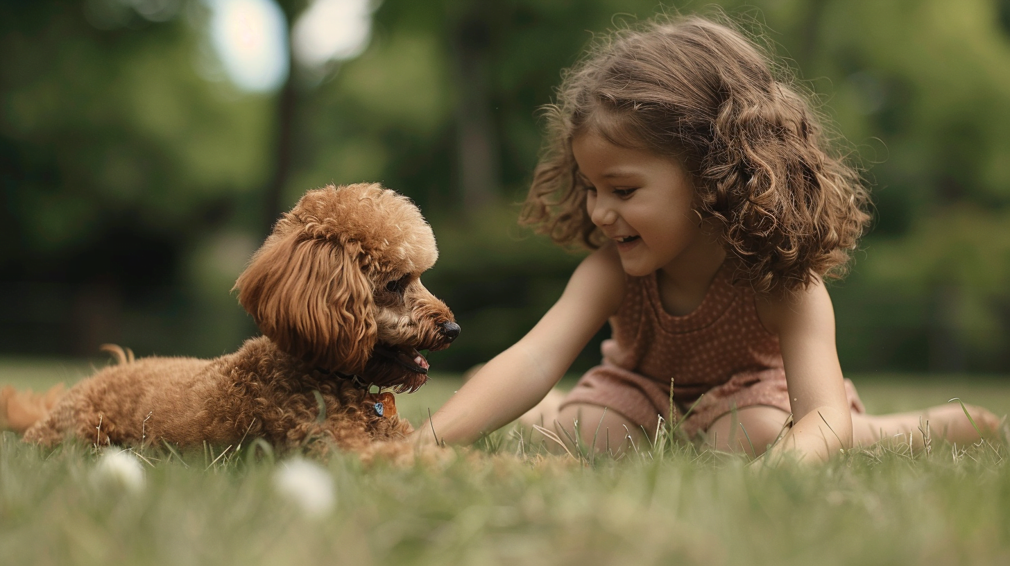 A Miniature Poodle playing with a child
