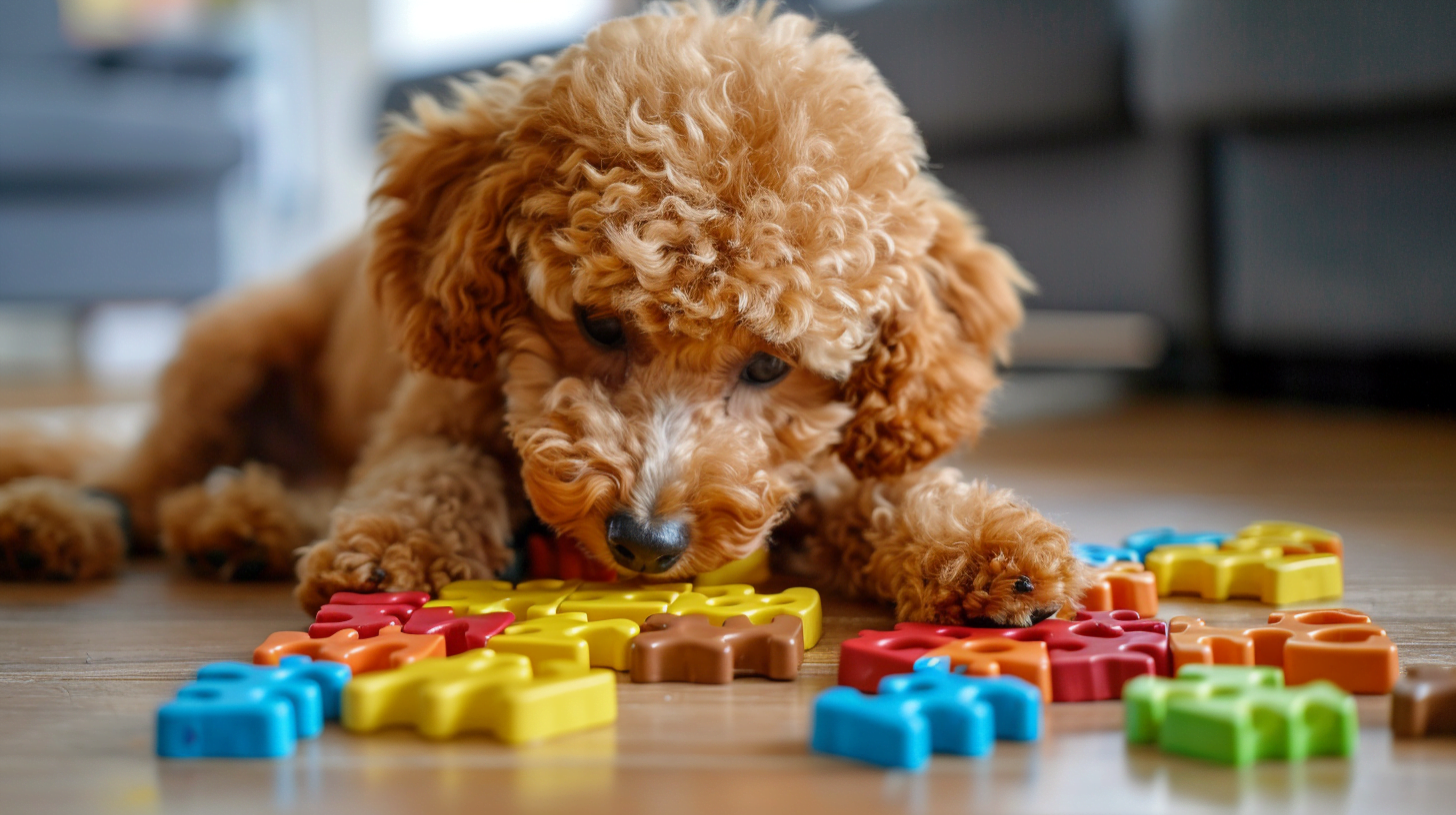 A Miniature Poodle playing with a puzzle toy