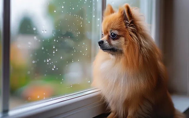 A Pomeranian perched alertly on a windowsill, seemingly observing the world outside