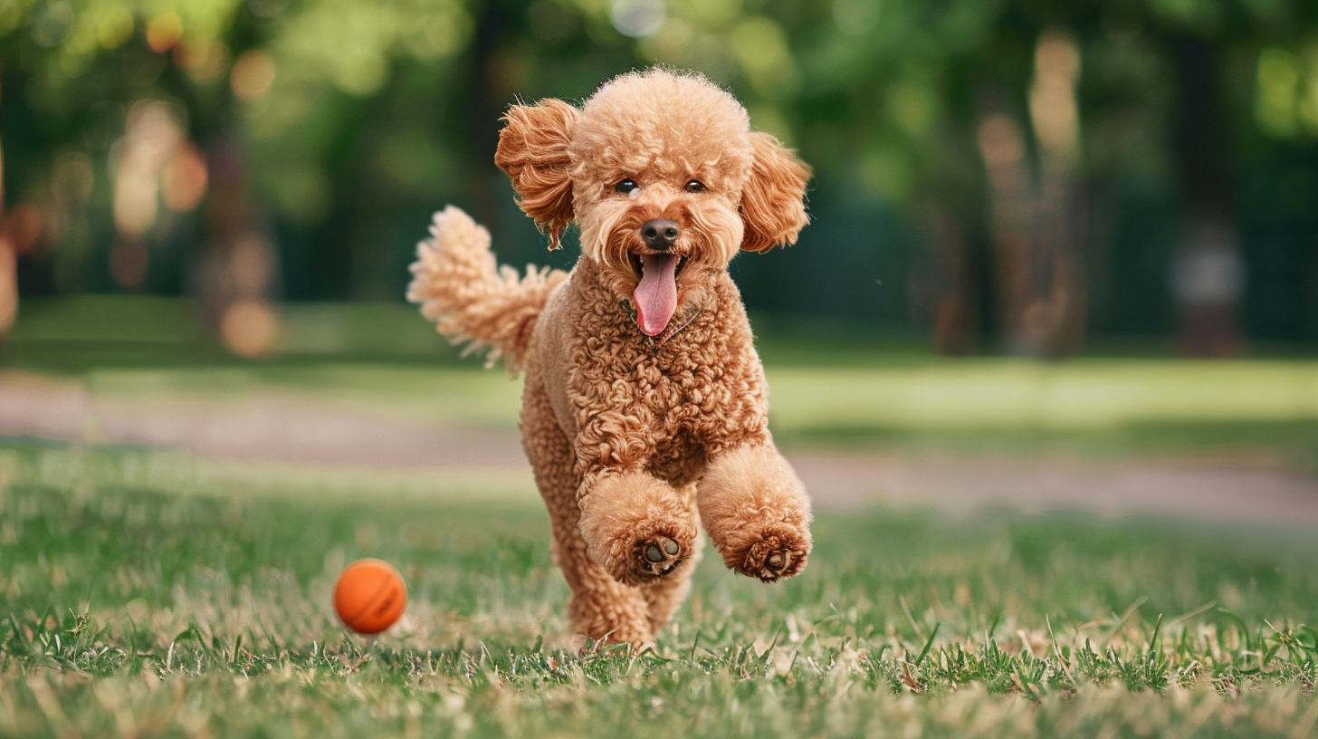 A Poodle playing fetch in a park