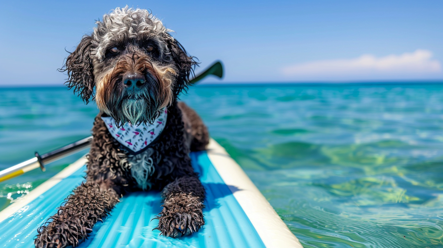 A Portuguese Water Dog chilling on a paddleboard
