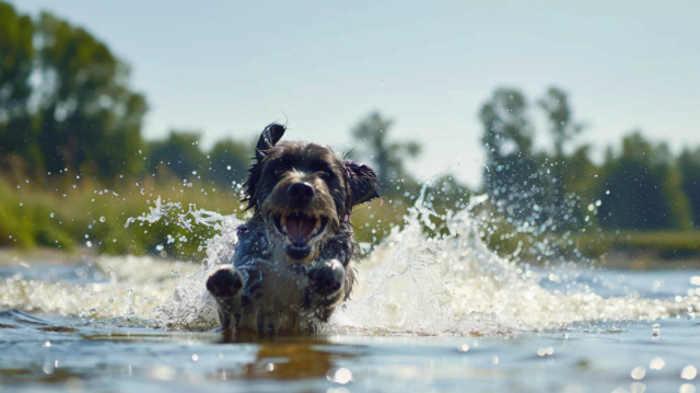 A Portuguese Water Dog leaping into the water