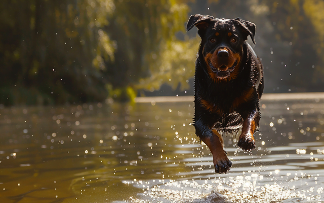 A Rottweiler leaping joyfully into a lake on a sunny day