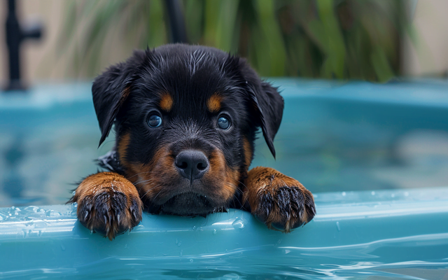 A Rottweiler puppy cautiously dipping its paws into a pool