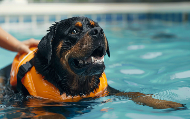 A Rottweiler wearing a life vest happily paddling in a pool alongside their owner