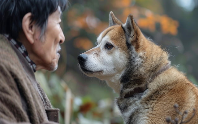 A Shikoku dog gazing intently at its owner, showcasing their unwavering devotion