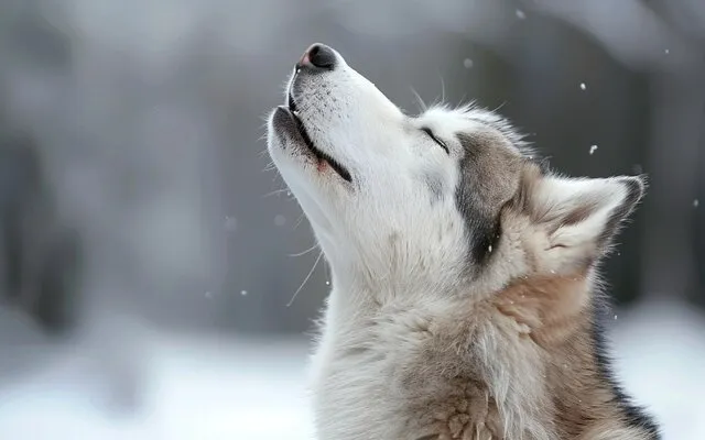 A Siberian Husky howling with its head thrown back, eyes closed