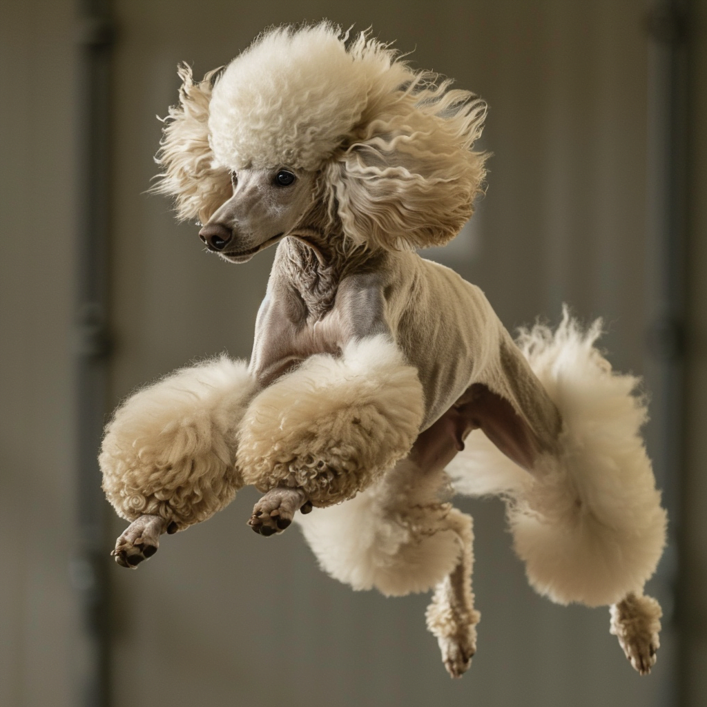 A Standard Poodle in mid-leap, fur flowing in a classic show cut.