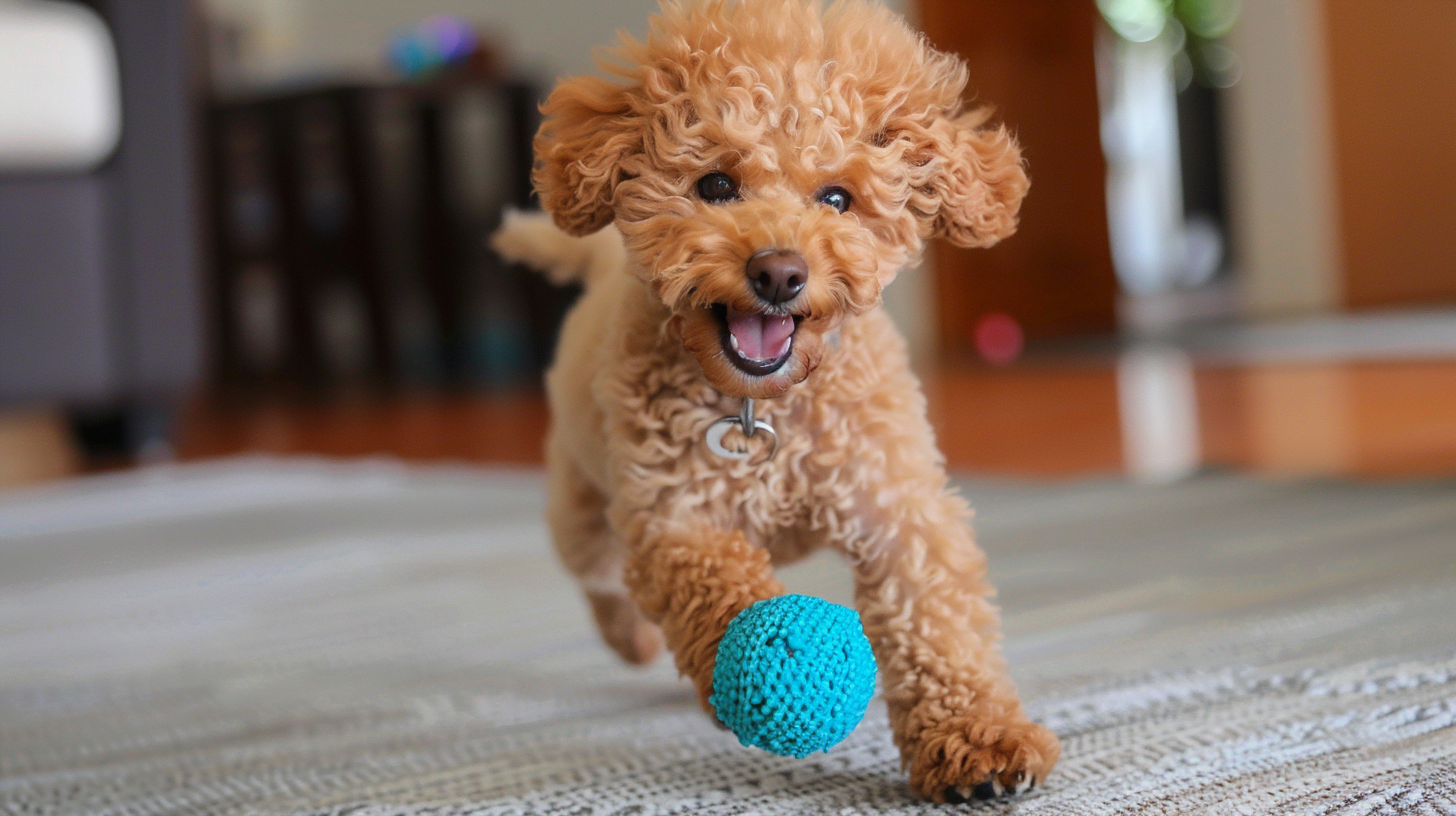 A Teacup Poodle enthusiastically playing fetch indoors