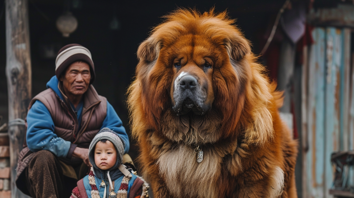 A Tibetan Mastiff protectively standing close to a family