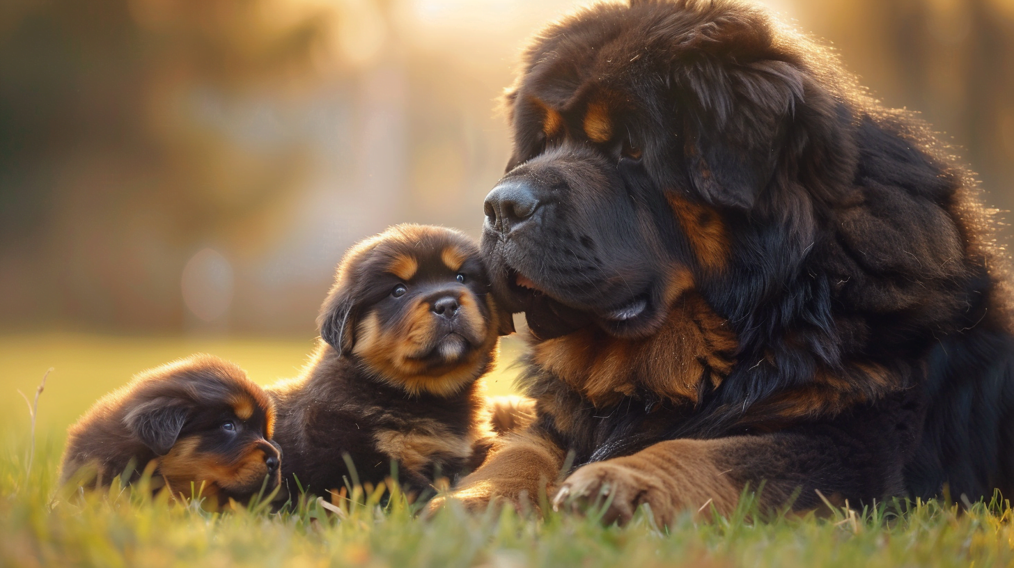 A Tibetan Mastiff puppy interacting with its mother and siblings