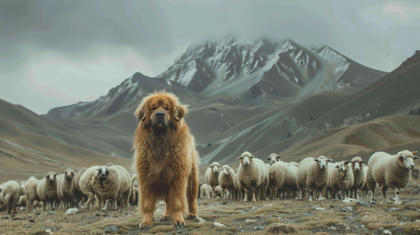 A Tibetan Mastiff standing protectively amidst a herd of sheep in a high mountain setting
