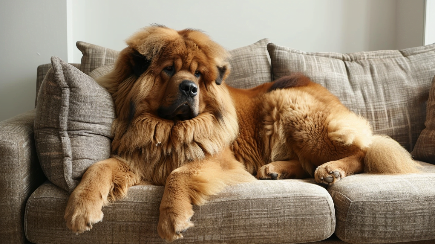 A Tibetan Mastiff taking up most of a sofa